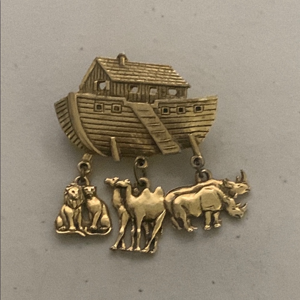 Gold Plated Noah's Ark Brooch with Animal Charms